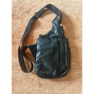 Men’s Black Crossbody Sling Bag Genuine Leather Look Zipper Pockets